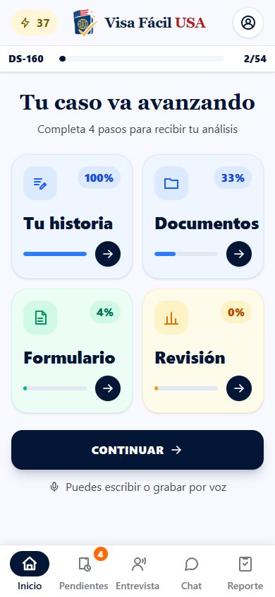 Pantalla Inicio de la app Visa Fácil USA
