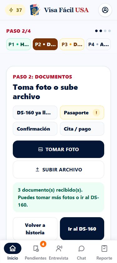 Pantalla Documentos de la app Visa Fácil USA