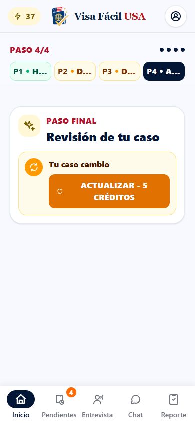 Pantalla Revisión de la app Visa Fácil USA