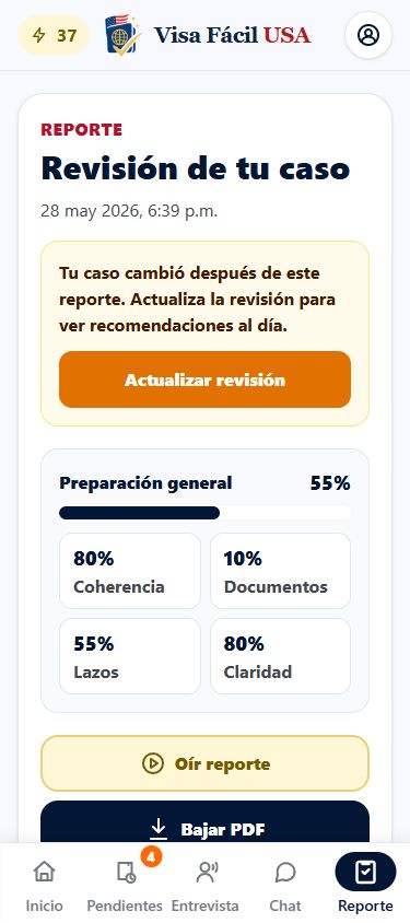 Pantalla Reporte de la app Visa Fácil USA