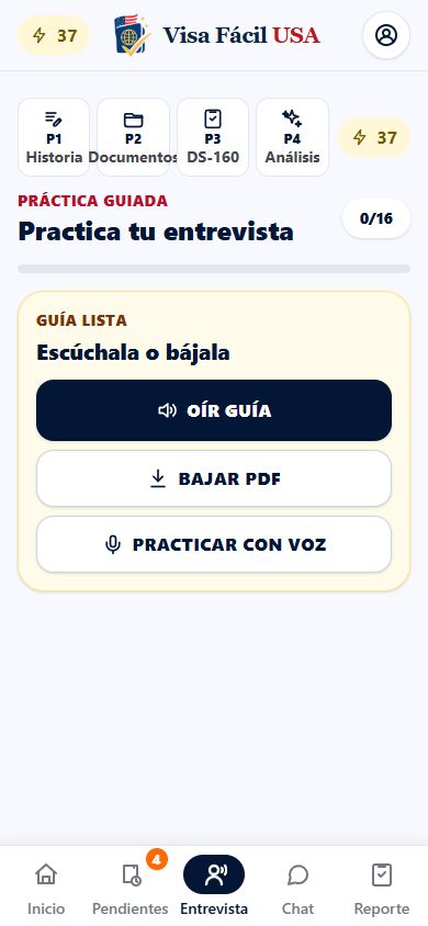 Pantalla Entrevista de la app Visa Fácil USA